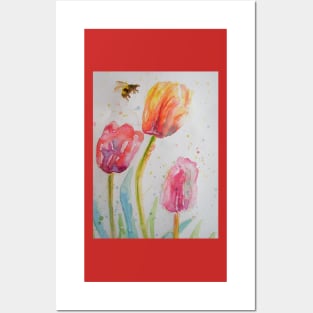 Tulip Watercolour Painting Bumble Bee Posters and Art